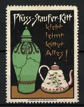 Reklamemarke Plüss-Staufer-Kitt, Vase und Teekanne