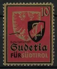 Reklamemarke Sudetia, Burschenschaft für Südtirol, Wappen mit Adler und Schild