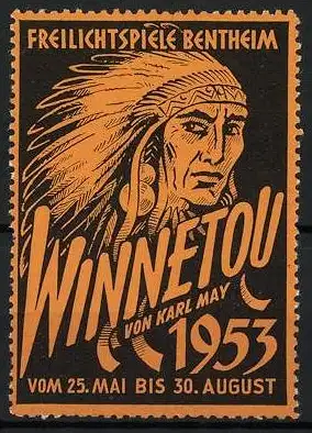 Reklamemarke Bentheim, Freilichtspiel Winnetou von Karl May 1953, Indianer-Kopf