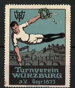 Reklamemarke Würzburg, Turnverein a.V. Gegr. 1873, Turner mit Lorbeerkranz