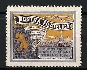 Reklamemarke Torino, Mostra Filatelica, Löwe und Stadtansicht, 1898