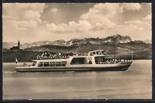 AK Motorschiff Herrsching auf dem Ammersee, mit Kloster Andechs, Alp- und Zugspitze