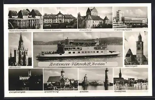 AK Fährschiff Bodan und Ansichten von am Bodensee gelegenen Orten, Konstanz, Friedrichshafen, Meersburg etc.