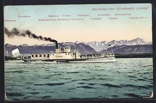 AK Salondampfer Ludwig auf dem Starnberger See mit Alpenpanorama