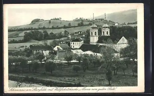 AK Schwarzau am Steinfelde, Ortspartie mit Wallfahrtskirche Maria vom guten Rate