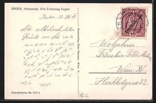 AK Baden, Villa Erzherzog Eugen, blühende Bäume