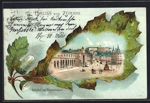 Passepartout-Lithographie Zürich, Bahnhof & Polytechnikum in einem Eichenblatt