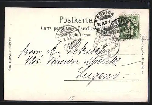 Passepartout-Lithographie Zürich, Bahnhof & Polytechnikum in einem Eichenblatt