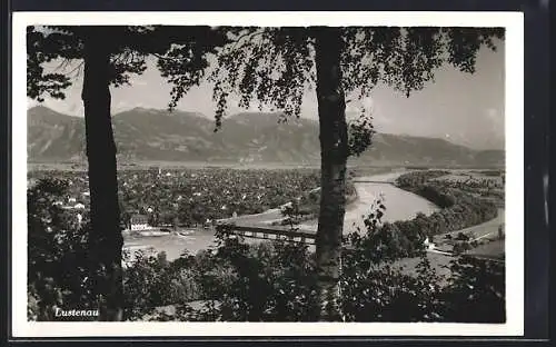 AK Lustenau, Panorama mit Ort, Fluss und Bergen