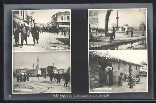 AK Skoplje / Ueskueb, Ortsansicht mit Bazarstrasse, Moschee & Zigeunerviertel