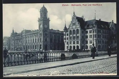 AK Zürich, Metropole mit Post und Stadthaus