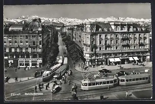 AK Zürich, Bahnhofstrasse mit Strassenbahnen