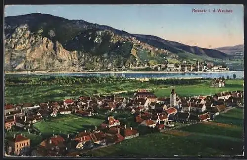 AK Rossatz in der Wachau, Ortsansicht mit Wasser- u. Bergblick