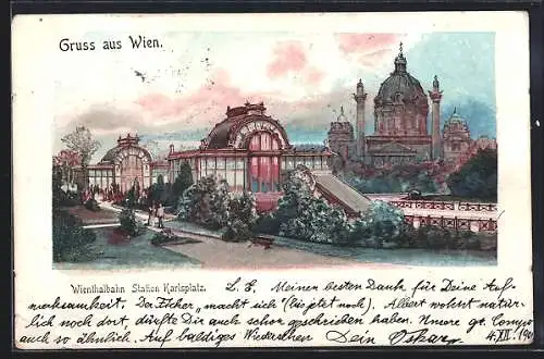 Künstler-Lithographie Erwin Pendl: Wien, Albrechtsplatz, Wienthalbahn-Station Karlsplatz