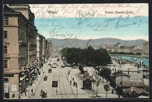 AK Wien, Franz-Josefs-Kai mit Strassenbahn und Pferdekutschen