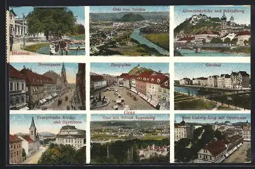 AK Graz, Gesamtansicht von Norden, Grieskei, Schloss Eggenberg, ev. Kirche, die Herrengasse