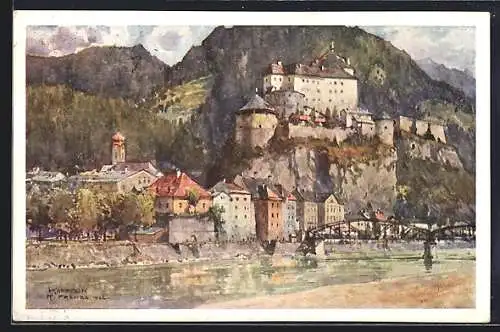 Künstler-AK Kufstein, Partie mit Brücke u. Burg