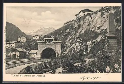 AK St. Anton am Arlberg, Arlberg-Tunnel, Ostportal mit Lott-Denkmal