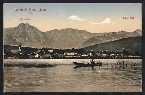 AK Seefeld, Kahnpartie mit Ortsansicht, Wetterstein und Karwendel