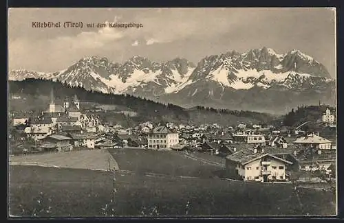 AK Kitzbühel, Ortspartie mit Kaisergebirge