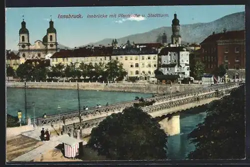 AK Innsbruck, Innbrücke mit Pfarrkirche u. Stadtturm