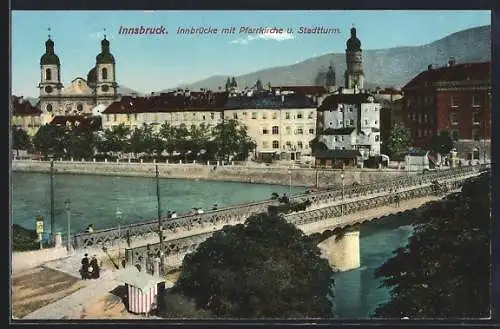 AK Innsbruck, Innbrücke mit Pfarrkirche u. Stadtturm