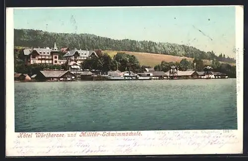 AK Klagenfurt, Hotel Wörthersee und Militär-Schwimmschule vom Wasser aus