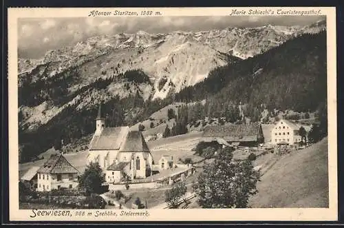 AK Seewiesen, Ortsansicht mit Kirche, Aflenzer Staritzen, Marie Schiechl`s Touristengasthof