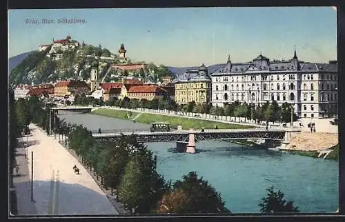 AK Graz, Murpartie mit Brücken u. Schlossberg aus der Vogelschau