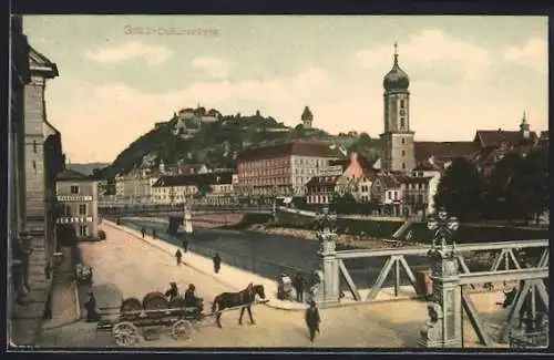 AK Graz, Schlossberg und Partie aus dem Ort, Kirche, Pferdekarren