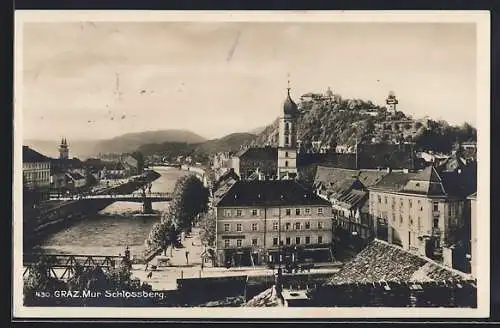 AK Graz, Teilansicht mit Mur und Schlossberg