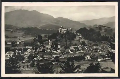 AK Neumarkt in Steiermark, Totalansicht mit Bergpanorama aus der Vogelschau