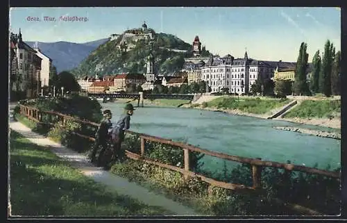 AK Graz, Blick über die Mur zum Schlossberg