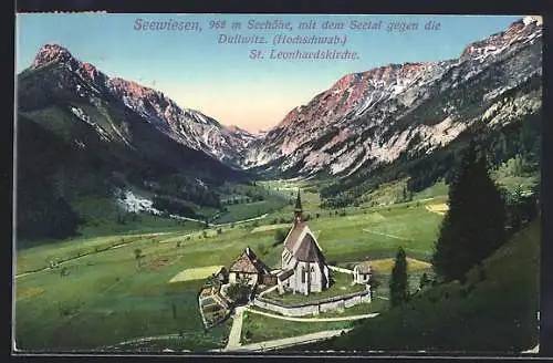 AK Seewiesen, Ortsansicht mit dem Seetal gegen die Dullwitz, Die St. Leonhardskirche