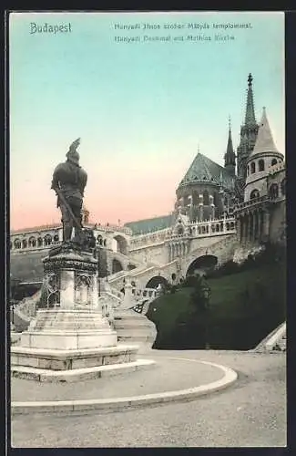 AK Budapest, Hunyadi Denkmal mit Mathias-Kirche