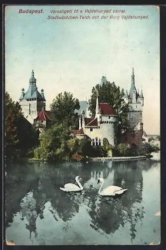 AK Budapest, Stadtwäldchen-Teich mit der Burg Vajdahunyad