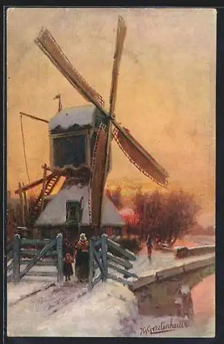 Künstler-AK Johan Georg Gerstenhauer: Windmühle mit Strasse in winterlicher Abendsonne