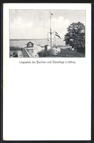 AK Utting, Liegeplatz der Yachten und Slipanlage, rückseitig Wimpel Ausburger Segler-Club