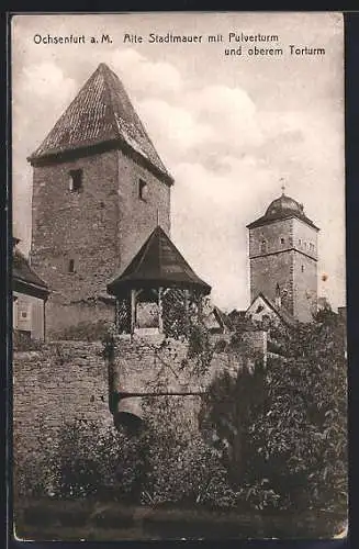 AK Ochsenfurt a. M., Alte Stadtmauer mit Pulverturm u. oberem Torturm