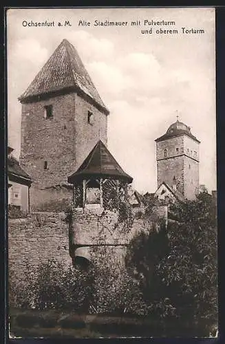 AK Ochsenfurt a. M., Alte Stadtmauer, Pulverturm u. oberer Torturm