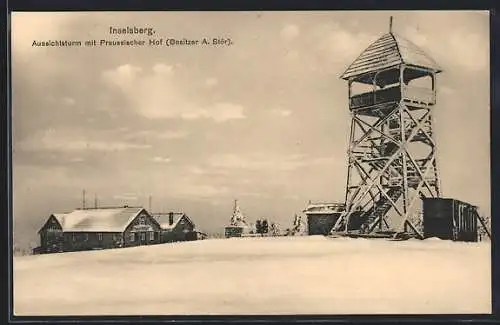 AK Inselsberg, Aussichtsturm mit Gasthof Preussischer Hof A. Stör im Winter