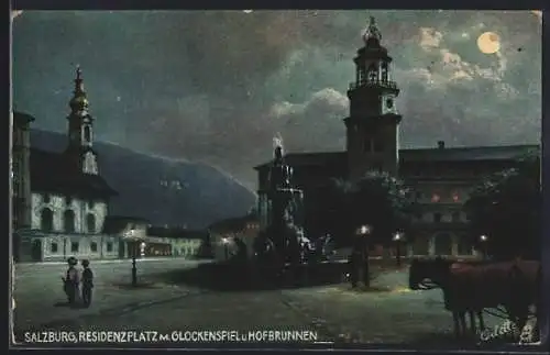 Künstler-AK Salzburg, Residenzplatz m. Glockenspiel u. Hofbrunnen im Mondschein