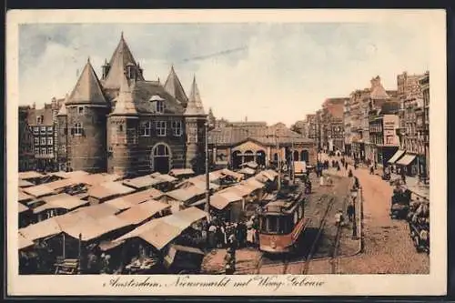 AK Amsterdam, Nieuwmarkt met Waag-Gebouw, Strassenbahn