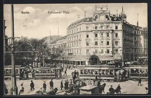 AK Berlin-Tiergarten, Potsdamer Platz, Kreuzung mit Strassenbahnen