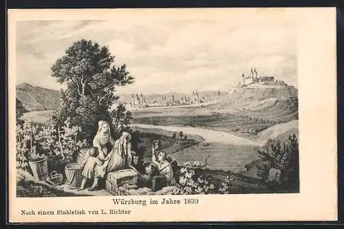 Lithographie Würzburg, Teilansicht mit Burg