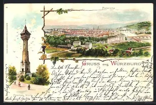 Lithographie Würzburg, Panorama, Franken-Warte