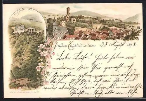 Lithographie Eppstein im Taunus, Hotel Kaiser-Tempel und Totalansicht