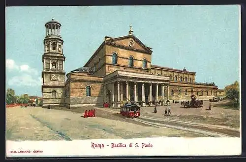 Künstler-AK Roma, basilica di S. Paolo, Strassenbahn