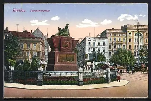 AK Breslau, Tauentzienplatz mit Denkmal