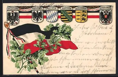 AK Deutsche Reichsflagge mit Eichenlaub, Wappen von Preussen, Bayern, Sachsen, Württemberg, Österreich